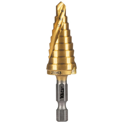 Klein Tools 25963 Broca escalonada, de 1/4 a 3/4 pulgadas, espiral de doble vuelta, corta metal fino, plástico, aluminio, madera, vástago hexagonal de 1/4 pulgadas, VACO