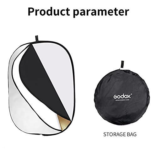 GODOX Reflector de luz Plegable de fotografía de 80 x 120 cm, difusor Ovalado 5 en 1 con Bolsa de Transporte, Dorado, Plateado, Negro, Blanco, translúcido para iluminación de Video Estudio al Aire