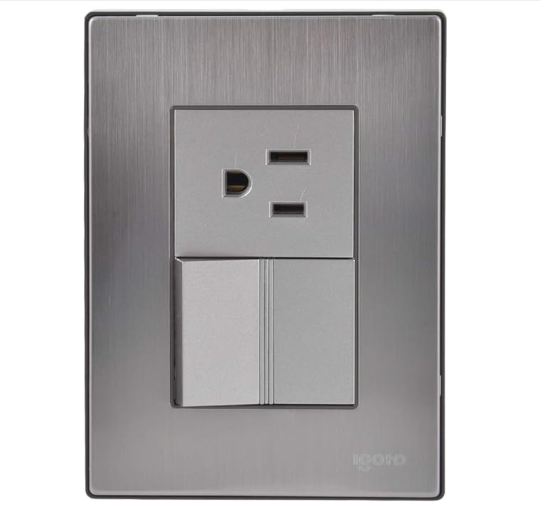 Kit Paquete 5 Piezas Placa Pared con Apagador Sencillo y Contacto de 1.5 Modulos 125-250V Mecanismo Acero Inoxidable Color Plateado Acabados Premium INOX1002 Igoto