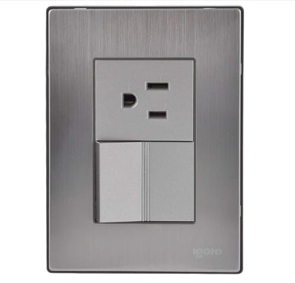 Kit Paquete 5 Piezas Placa Pared con Apagador Sencillo y Contacto de 1.5 Modulos 125-250V Mecanismo Acero Inoxidable Color Plateado Acabados Premium INOX1002 Igoto