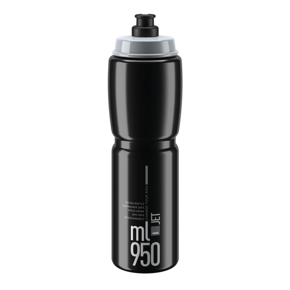 Elite Jet - Botella de agua para ciclismo, 950 ml, color negro con logotipo gris, de alto flujo, biodegradable, sin BPA