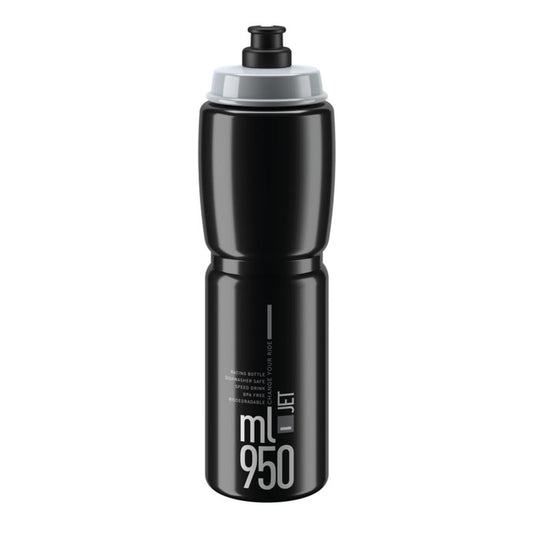 Elite Jet - Botella de agua para ciclismo, 950 ml, color negro con logotipo gris, de alto flujo, biodegradable, sin BPA