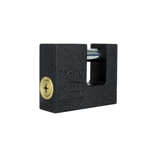 Phillips Candado de Hierro TX-110 de Extra Seguridad, Candado Tipo Cortina de Alta Resistencia con Llave Tetra y 16 Pernos, Diseño Anti-Palanca para Zaguanes y Puertas Industriales