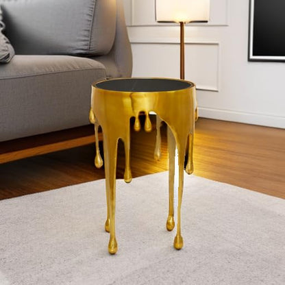 Deco 79 - Mesa Decorativa de Metal de Aluminio con diseño de fusión y Parte Superior de Vidrio sombreado, 16 x 16 x 25 pies, Color Dorado