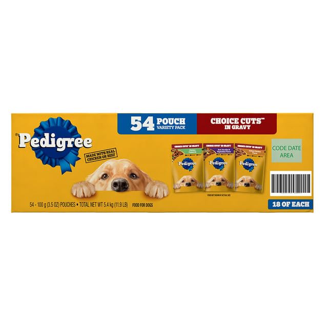Pedigree Choice Cuts Sobres para Perro Adulto Sabores: Filet Mignon, Beef, Noodles & Vegetables, Hickory Smoked Chicken 54 Piezas 100g c/u