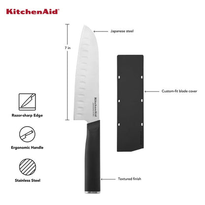 KitchenAid - Cuchillo clásico Santoku con cubierta de hoja de ajuste personalizado, 7 pulgadas, cuchillo de cocina afilado, acero inoxidable japonés de alto carbono, negro
