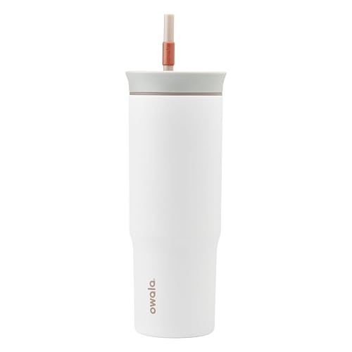 Owala - Vaso térmico de viaje de acero inoxidable de triple capa con tapa antiderrame y popote, libre de BPA, 710 ml, gris/blanco (Iced Tea)