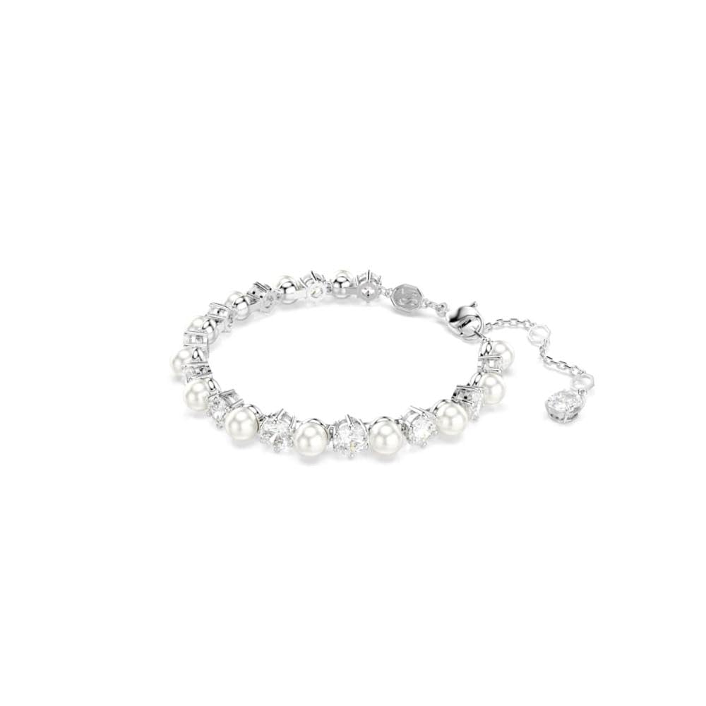 Swarovski Pulsera Tennis Matrix, Perla de cristal, Talla redonda, Blanca, Baño de rodio