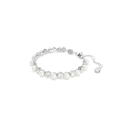 Swarovski Pulsera Tennis Matrix, Perla de cristal, Talla redonda, Blanca, Baño de rodio