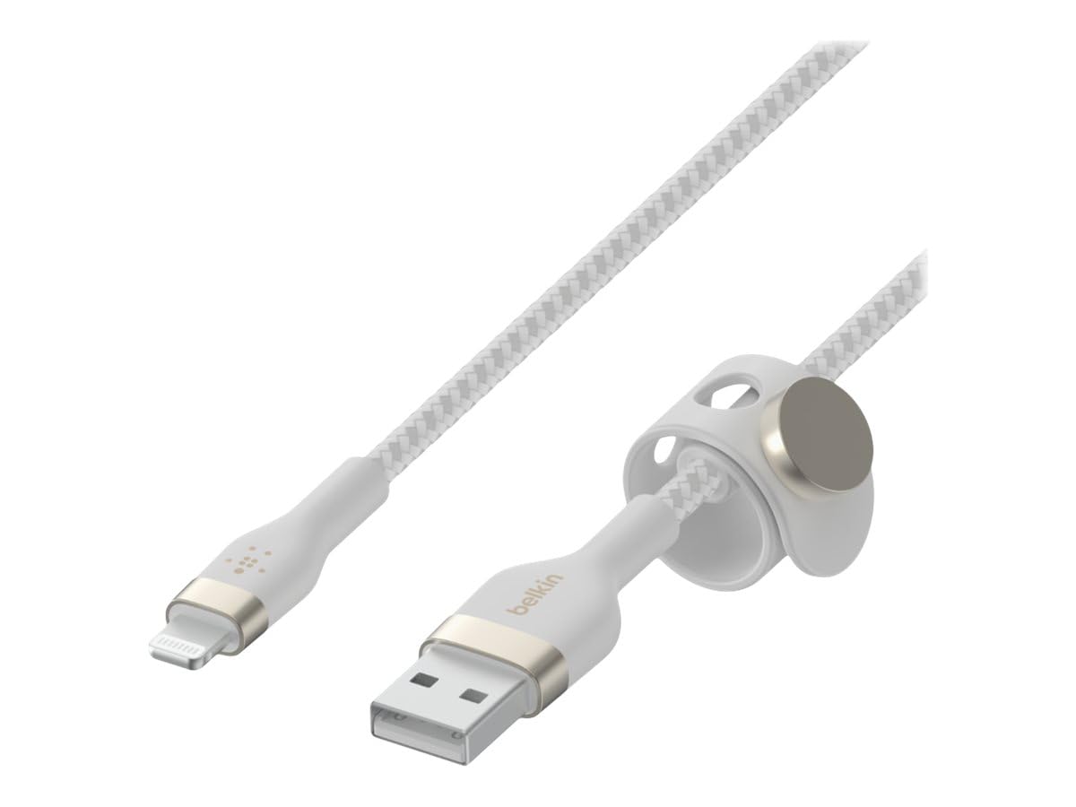Belkin BoostCharge Pro Flex - Cable trenzado USB A a Lightning de 2 m, certificado MFi de 20 W, carga rápida, iPhone 14 y 13, color blanco