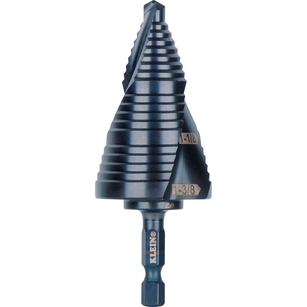 Klein Tools QRST15 Broca escalonada, espiral de liberación rápida, doble fluida, 7/8 a 1-3/8 pulgadas, vástago hexagonal, acero cortado, madera, plástico, aluminio
