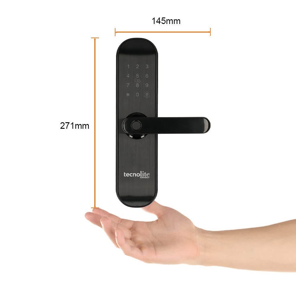 Tecnolite Connect - Cerradura Inteligente WiFi, 5 Métodos Apertura: Huella, Llave, Tarjeta RIFD y Contraseña, Acceso App Móvil, Protección IP43, Panel Touch Iluminado