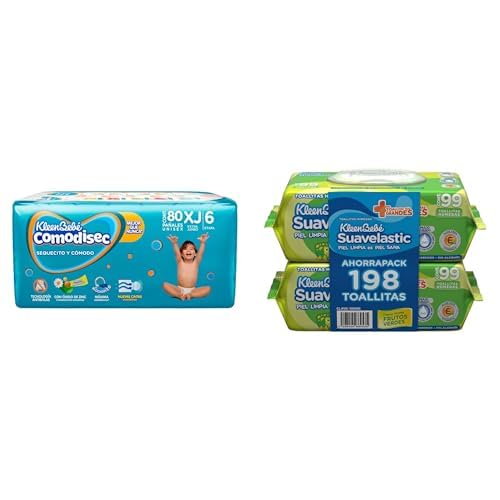 Kleenbebé Comodisec Pañales ET 6, Extra-jumbo Unisex, Con 80 Pañales + KleenBebé Suavelastic Toallitas Húmedas, 198 piezas
