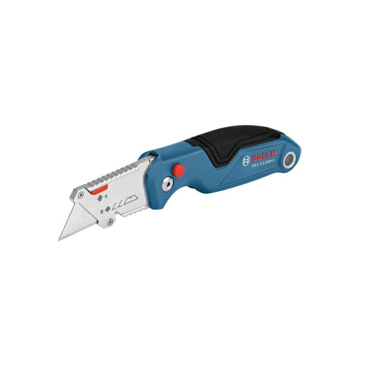 BOSCH H11-11100-1 Cuchillo utilitario plegable | Compacto, portátil y duradero con almacenamiento integrado de cuchillas, reposapiés para pulgar, e incluye clip para cinturón, cortador de correa, 3