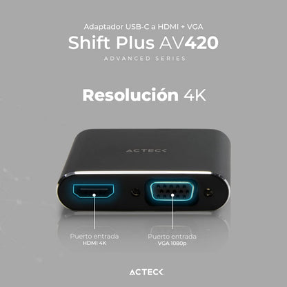 Adaptador USB Tipo C a HDMI + VGA Shift Plus AV420 / Para Video Hasta 4k Macho a Hembra/Hembra Negro Advanced Series