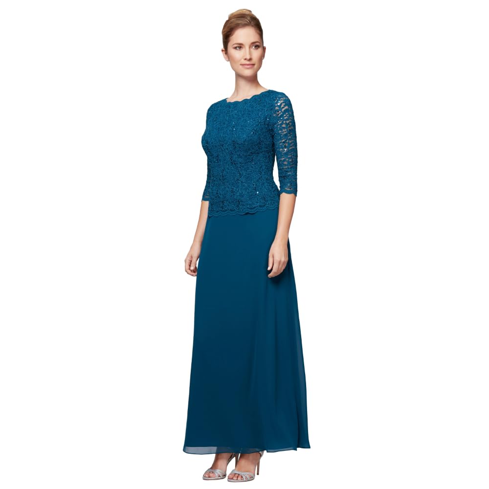 Alex Evenings Vestido Largo Corto para Mujer con Encaje e ilusión Mangas 3/4
