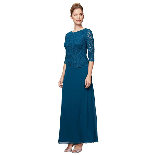 Alex Evenings Vestido Largo Corto para Mujer con Encaje e ilusión Mangas 3/4