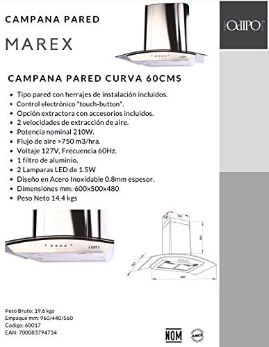 ODIPO Campana Marex 60cms Cristal Curvo Tipo Pared Control Electrico