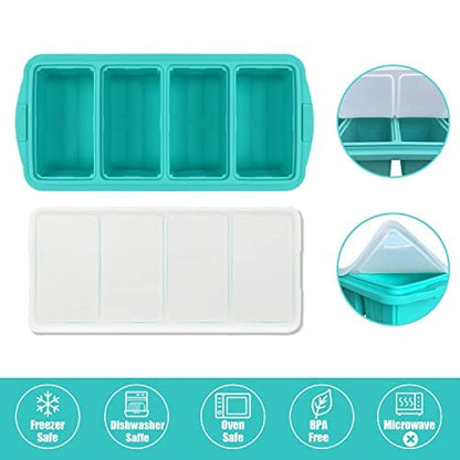 Bandeja de congelación de silicona con tapa, bandeja grande para cubitos de hielo antiadherente con 4 compartimentos para almacenar y congelar sopas, caldos, salsas y dietas líquidas, apta para horno