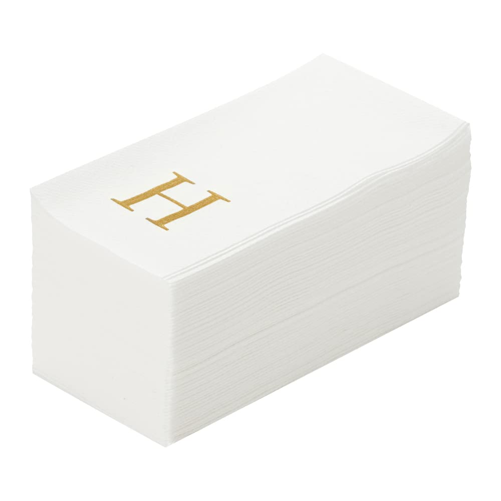 Luxenap - Toallas de lino de 15.8 x 7.9 pulgadas, 50 toallas de mano con letras - letra dorada 'H', letra Sans Serif Font, servilletas de papel blanco, airlaid, para baños y mesas, artículos de