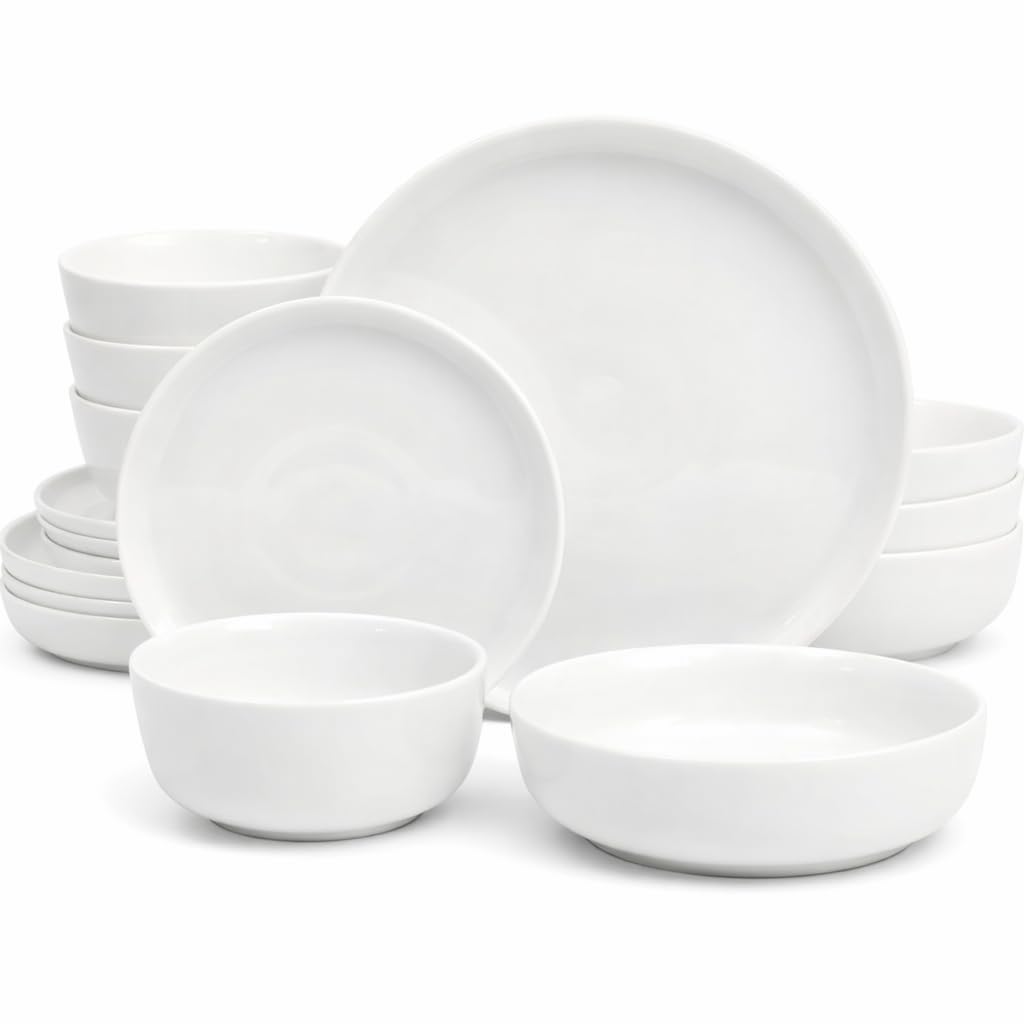 Gibson Home Oslo - Juego de vajilla de porcelana resistente a los arañazos y astillas, servicio para 4 (16 unidades), platos de cerámica y tazones, color blanco, apto para microondas y lavaplatos