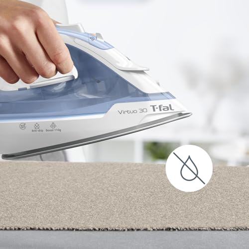 T-fal Plancha de Vapor | Virtuo 30 con Auto Apagado, Suela de Cerámica XL, Blanca/Azul FV2C61U0
