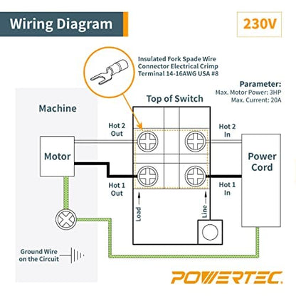 POWERTEC Interruptor de paleta de doble voltaje de 120 V/230 V, 3 HP a 230 voltios, certificado UL. Rodillera grande para herramientas eléctricas Apagado rápido. Se adapta a sierra de mesa, mesa de