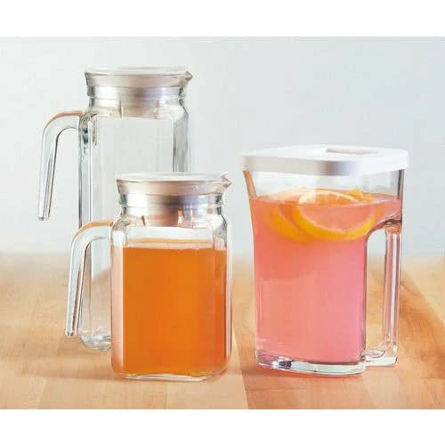 Borgonovo - JIgloo Quadra | Jarra vidrio con tapa 1L | Anti goteo | Tapa azul y asa | Cristalería Italiana para bebidas frías y calientes | Ideal para Refrigerador (Aqcua)