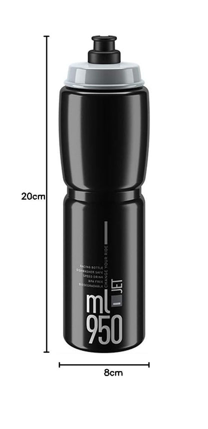 Elite Jet - Botella de agua para ciclismo, 950 ml, color negro con logotipo gris, de alto flujo, biodegradable, sin BPA
