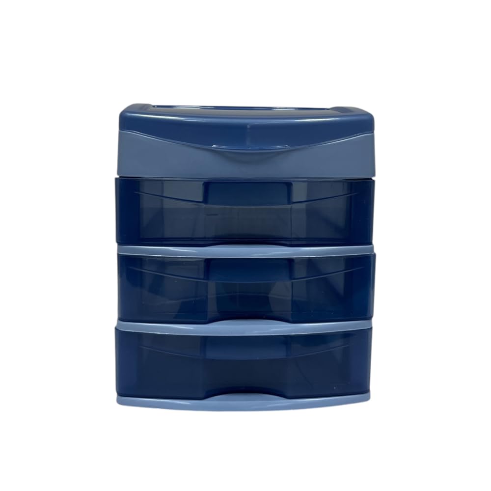 Italhome Cajonera de Plástico Sesia Azul, Mini Organizador de Escritorio Multiusos con 3 Cajones Transparentes