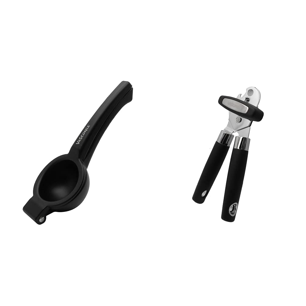 Exprimidor Grande de Limones Vasconia Básicos Color Negro, Hecho de Aluminio Anodizado de Gran Resistencia + 4029734 Abrelatas de acero inoxidable con mango en tpr e inserto metalico