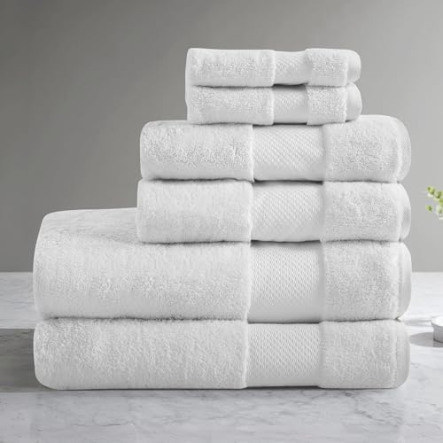 Madison Park - Juego de Toallas de baño Turco, 100% algodón, 600 g/m², de Lujo, Gruesas, Suaves, absorbentes, para baño, Ducha, Manos, Cara, Varios tamaños, Blanco, 6 Piezas
