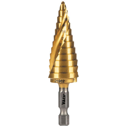 Klein Tools 25962 Broca escalonada, 3/16 a 7/8 pulgadas, espiral de doble vuelta, corta metal fino, plástico, aluminio, madera, vástago hexagonal de 1/4 pulgadas, VACO