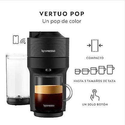 Nespresso Cafetera Vertuo Pop Negra con Espumador + 12 Cápsulas | Incluye 12 Cápsulas de regalo y Espumador de leche