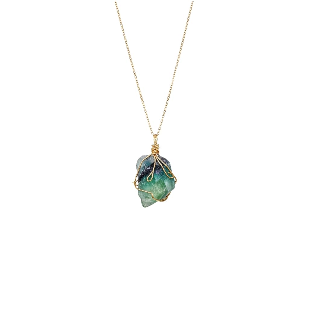 XYPHIELLE Collar de Cristal Fluorita Natural para Mujer, Dije de Piedra Verde Sanadora en Alambre, Joyería Boho de Moda, Regalo de Claridad y Enfoque