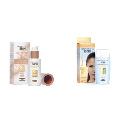 ISDIN - FotoUltra Age Repair Fusion Color Water SPF 50 - Protector solar facial de fase acuosa, con color, 50 ml + Fotoprotector Fusion Water SPF 50, Protector Solar Facial de fase acuosa 50 ml