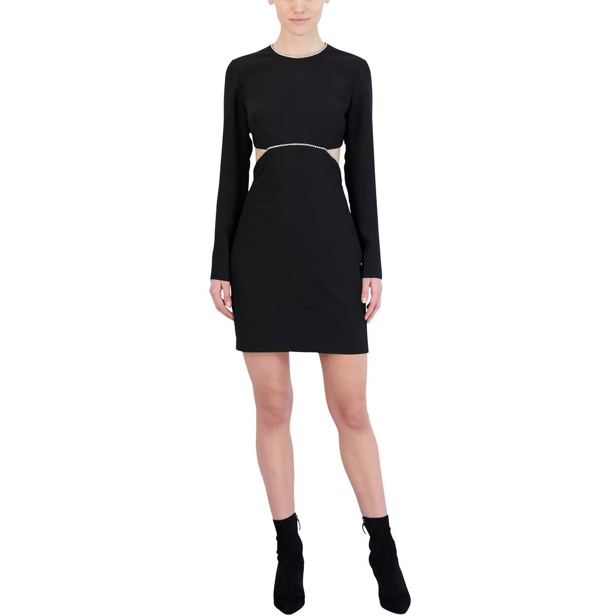 BCBGMAXAZRIA Vestido Corto Ajustado de cóctel de Manga Larga con Cuello Redondo y Diamantes de imitación recortados en la Espalda Vestido Mujer