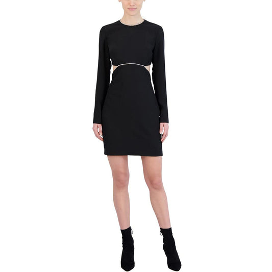 BCBGMAXAZRIA Vestido Corto Ajustado de cóctel de Manga Larga con Cuello Redondo y Diamantes de imitación recortados en la Espalda Vestido Mujer
