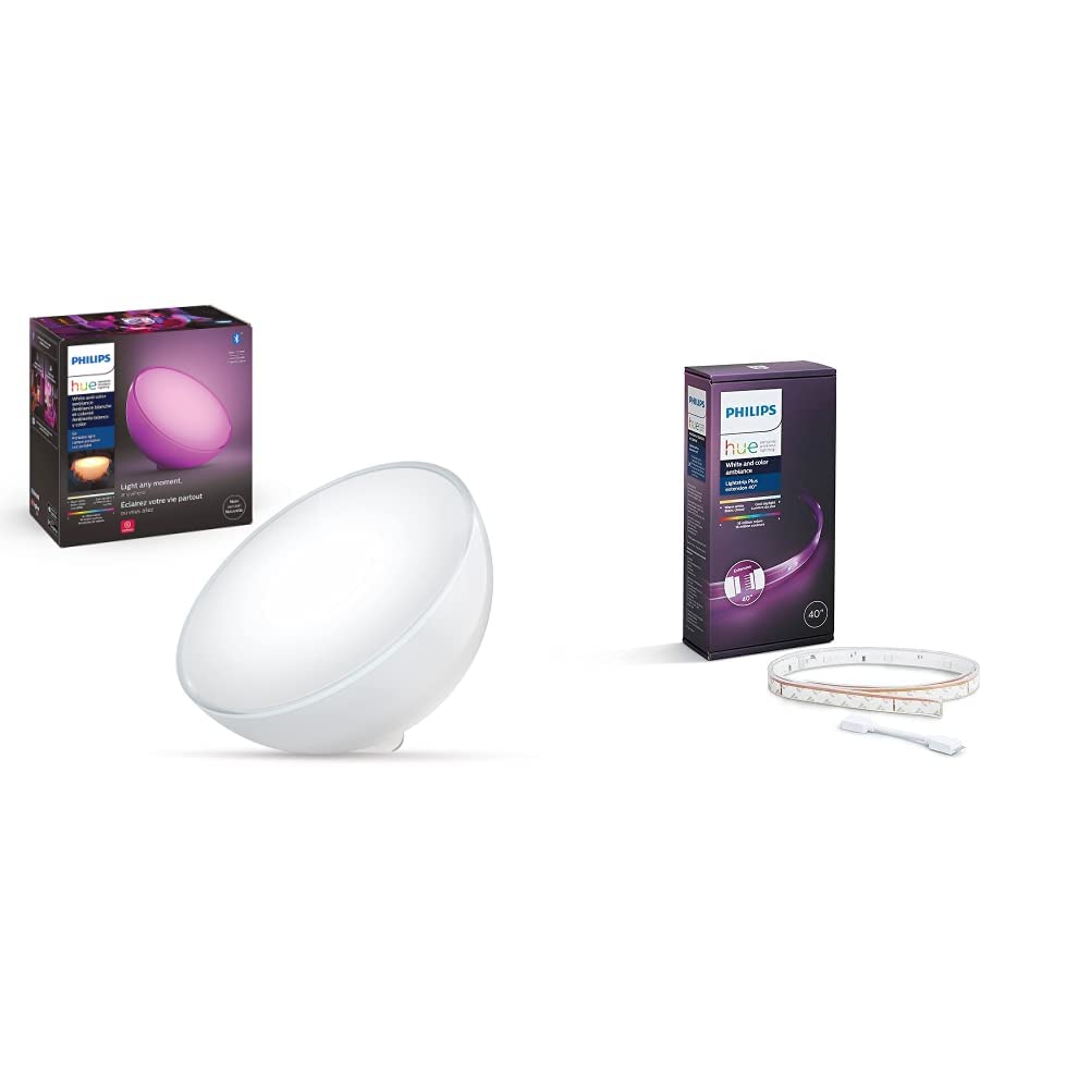 Philips Hue Go - Lámpara de mesa (Bluetooth y Zigbee), color blanco + Extensión - Tira de Luz Interior White & Color Ambiance - 1m - Versión Lightstrip Plus V4 con Bluetooth y Zigbee