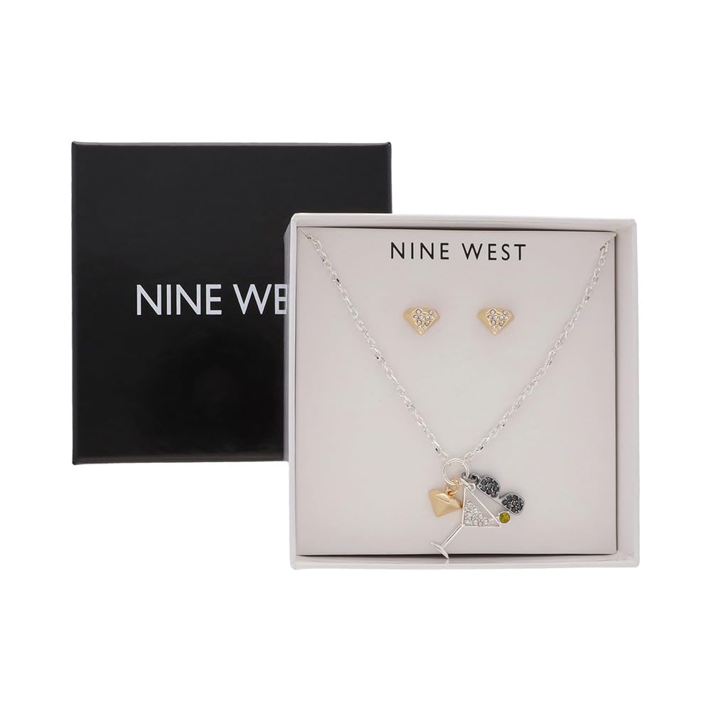 Nine West BoxSet Collar Y Aretes Plateado | Mediano, Par de Aretes y Collar, Aleación de Metales, Baño de Plateado