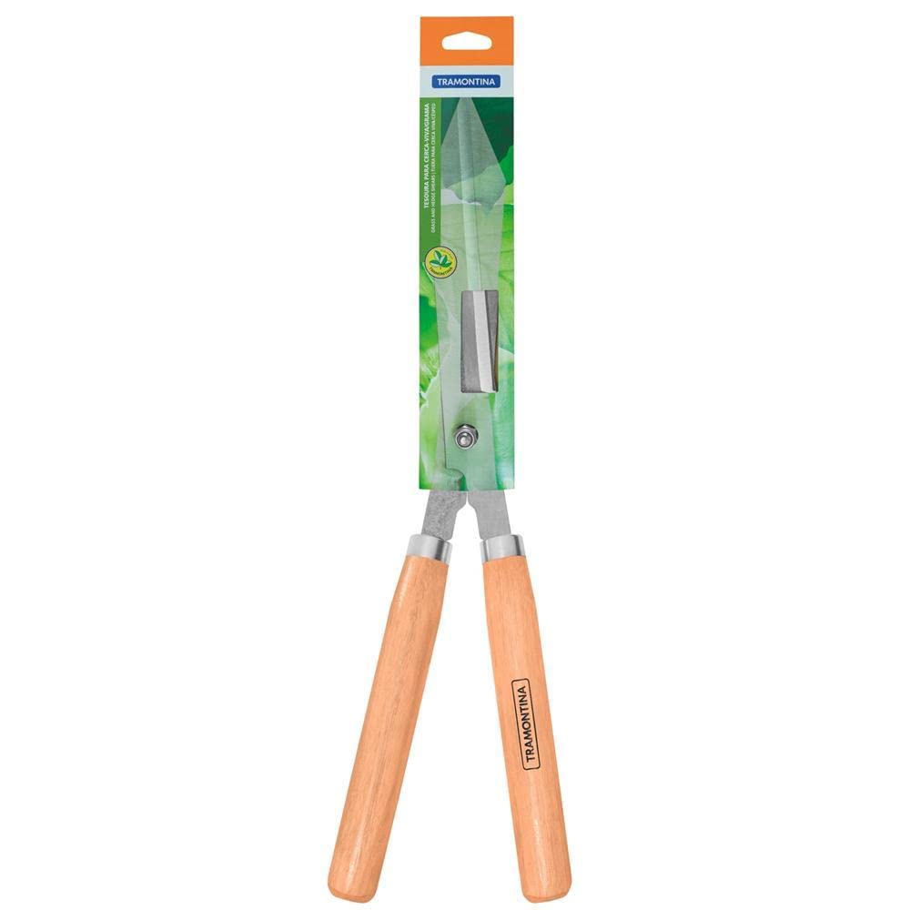 TRAMONTINA - Tijeras para Setos y Césped 12", Lámina de Acero al Carbono, Mango de Madera, Resistente, con Guarnición Metálica, Liviana y Práctica, Herramienta para Jardinería