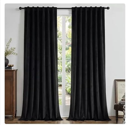 Joydeco - Cortinas Opacas 100% Negras, 2 Paneles, Cortinas de Terciopelo Negro con Aislamiento térmico de Lujo, para recámara, Sala de Estar, Cortinas Opacas insonorizadas, Bolsillo para Barra y