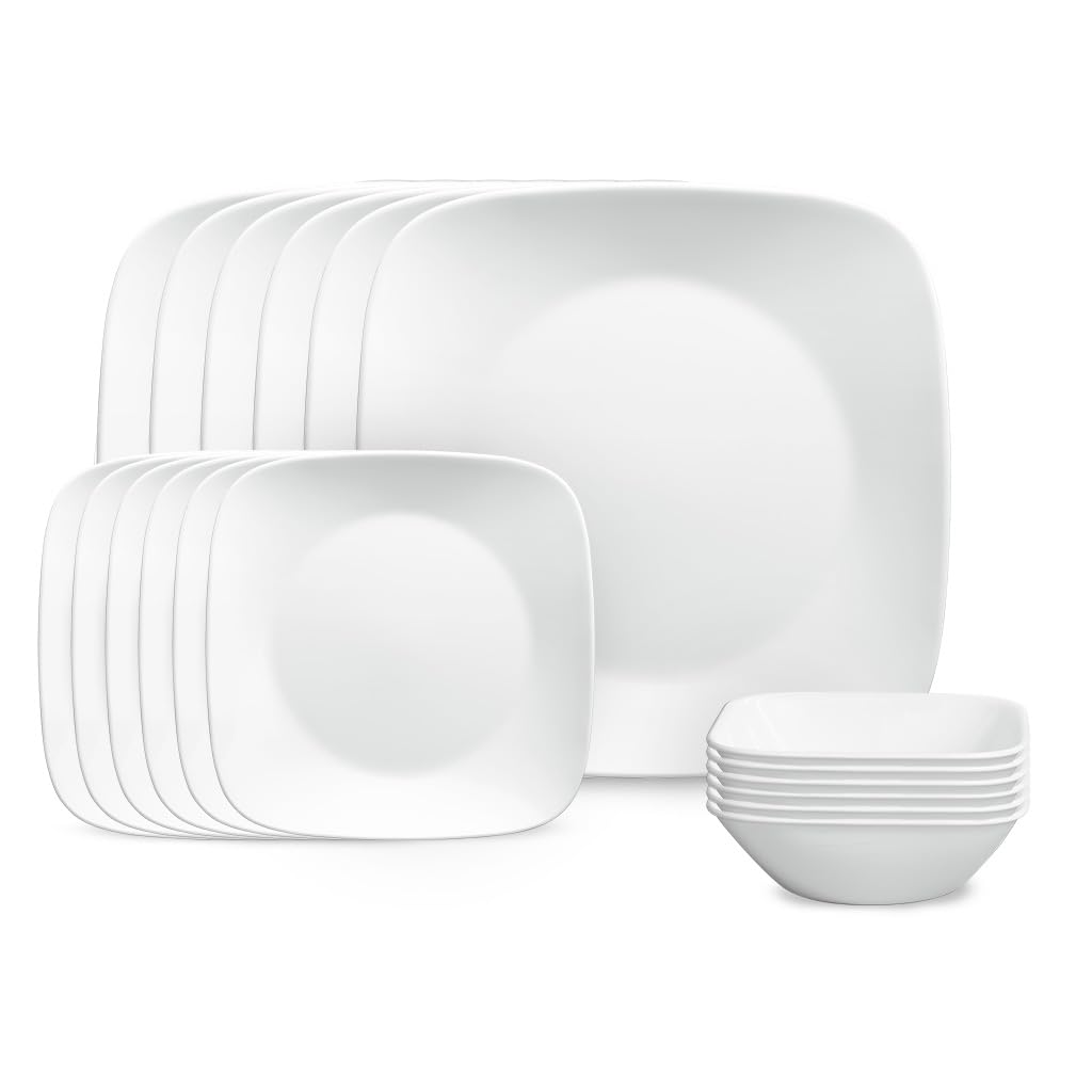Corelle Vitrelle - Juego de vajilla cuadrada de 18 piezas de 18 piezas de servicio para 6 vajillas cuadradas de triple capa resistente a vidrio y astillas, juego de platos y cuencos cuadrados ligeros