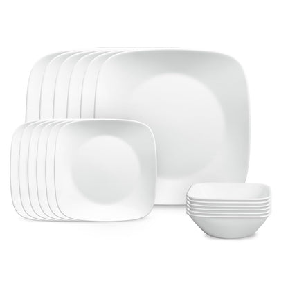 Corelle Vitrelle - Juego de vajilla cuadrada de 18 piezas de 18 piezas de servicio para 6 vajillas cuadradas de triple capa resistente a vidrio y astillas, juego de platos y cuencos cuadrados ligeros