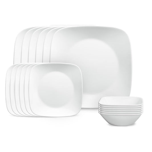 Corelle Vitrelle - Juego de vajilla cuadrada de 18 piezas de 18 piezas de servicio para 6 vajillas cuadradas de triple capa resistente a vidrio y astillas, juego de platos y cuencos cuadrados ligeros