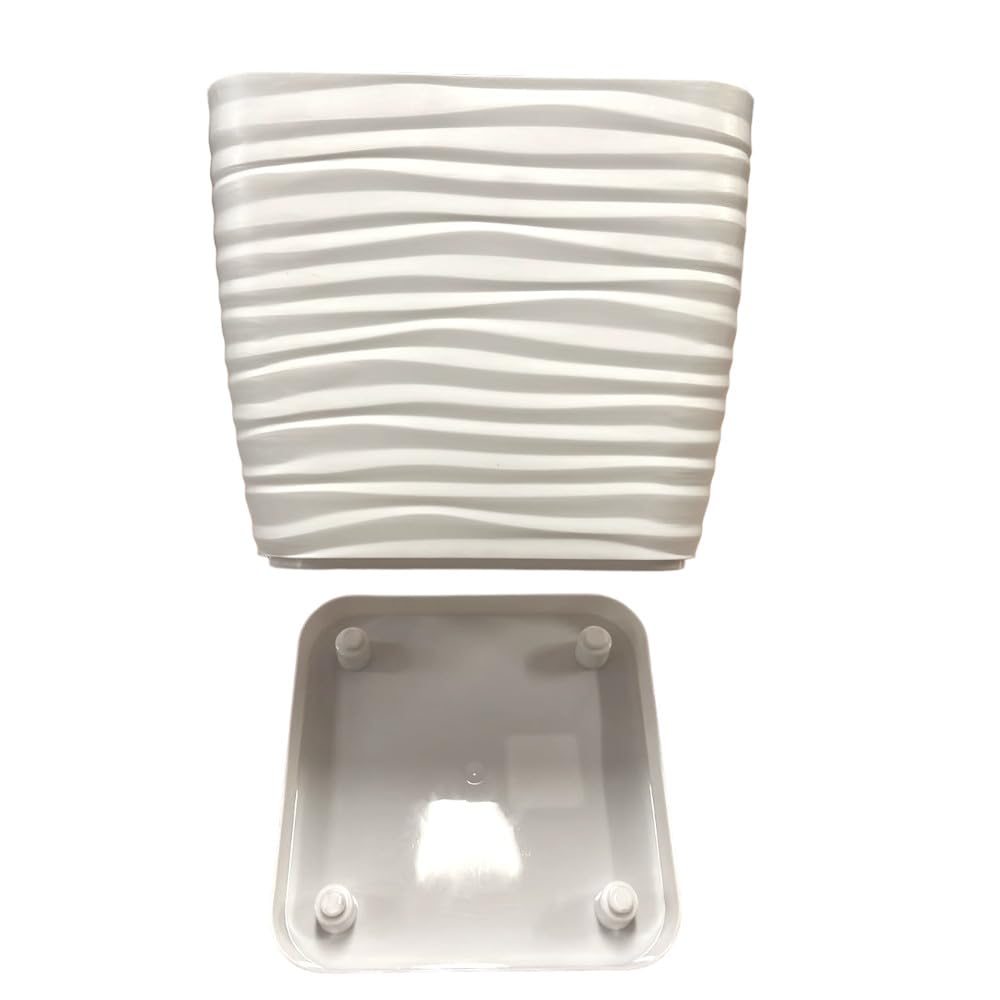PLASVIC, Maceta de plástico Cuadrada Acabado Acanalado a Rayas, Color Blanco Mate. Tamaño 23x23cm