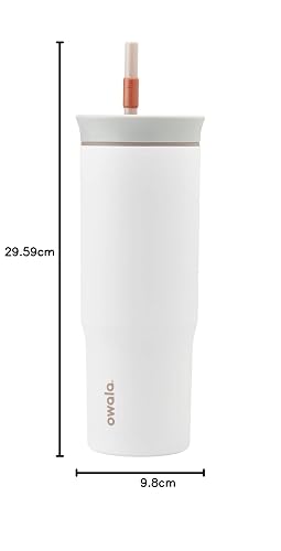 Owala - Vaso térmico de viaje de acero inoxidable de triple capa con tapa antiderrame y popote, libre de BPA, 710 ml, gris/blanco (Iced Tea)