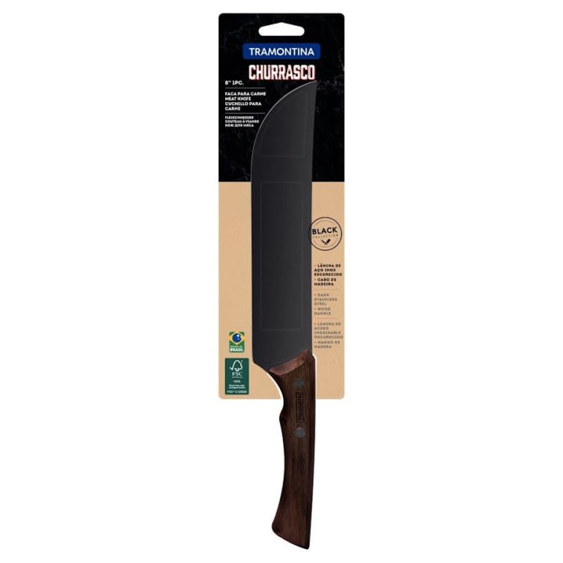 TRAMONTINA - Cuchillo para Carne Churrasco Black, con Lámina de Acero Inoxidable Oscurecido, Mango de Madera y Remaches de Acero Inoxidable, Cubierto para Cortar, Punta Curva, Tamaño de 6"