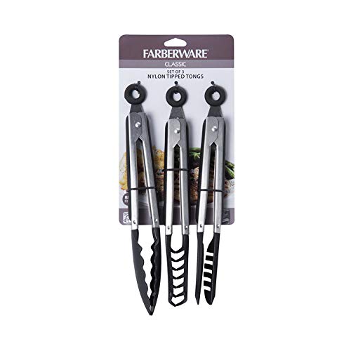 Farberware Pinzas clásicas con punta de nailon, juego de 3, color negro