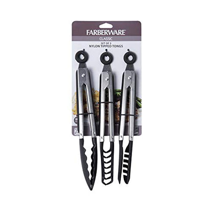 Farberware Pinzas clásicas con punta de nailon, juego de 3, color negro